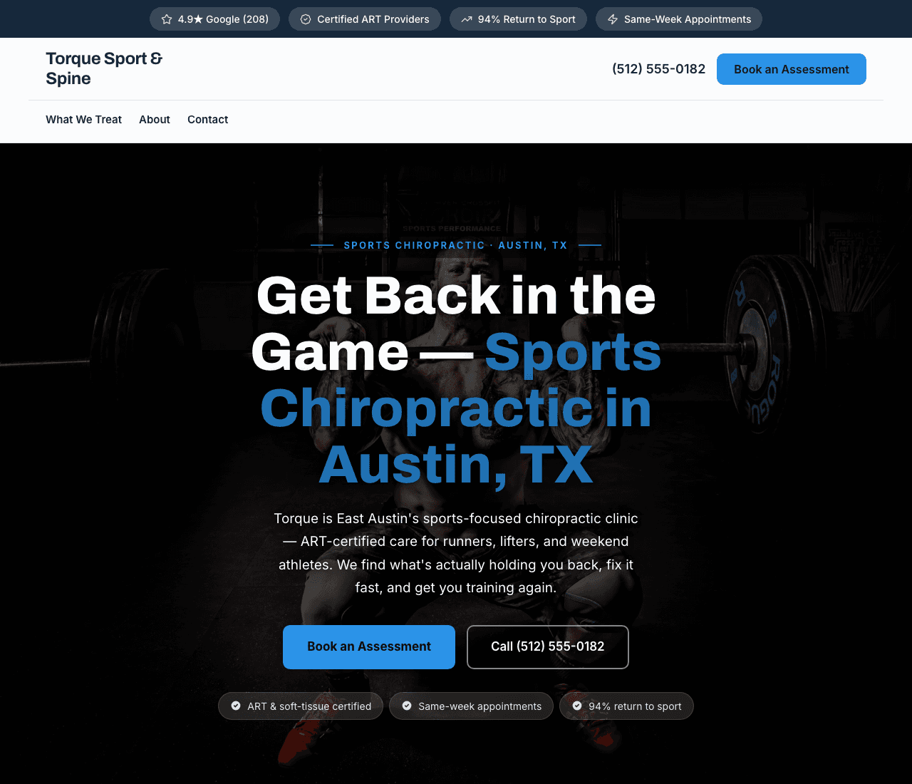 Torque Sport & Spine — Sports Chiropractor website design you can build with Zarla