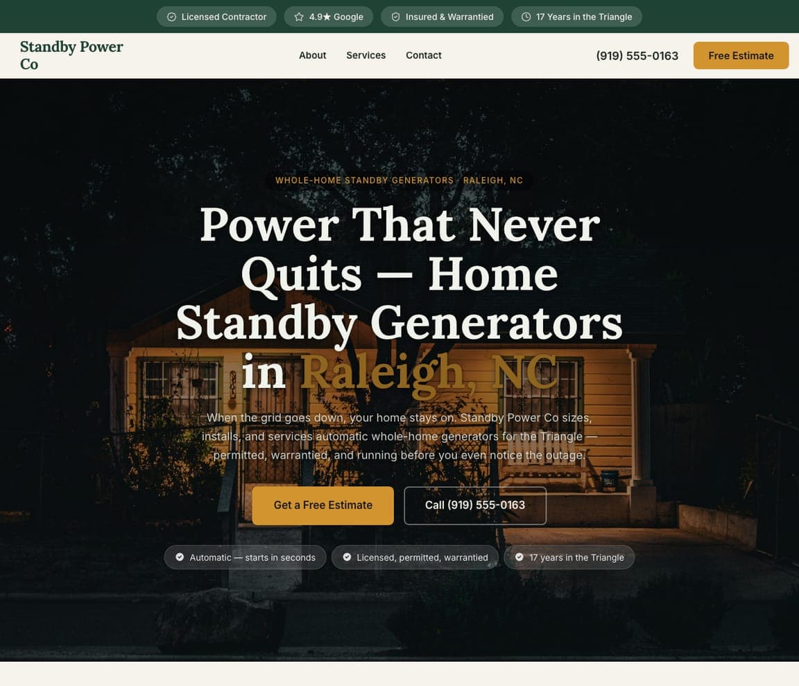 Standby Power Co — Standby Generators website design you can build with Zarla