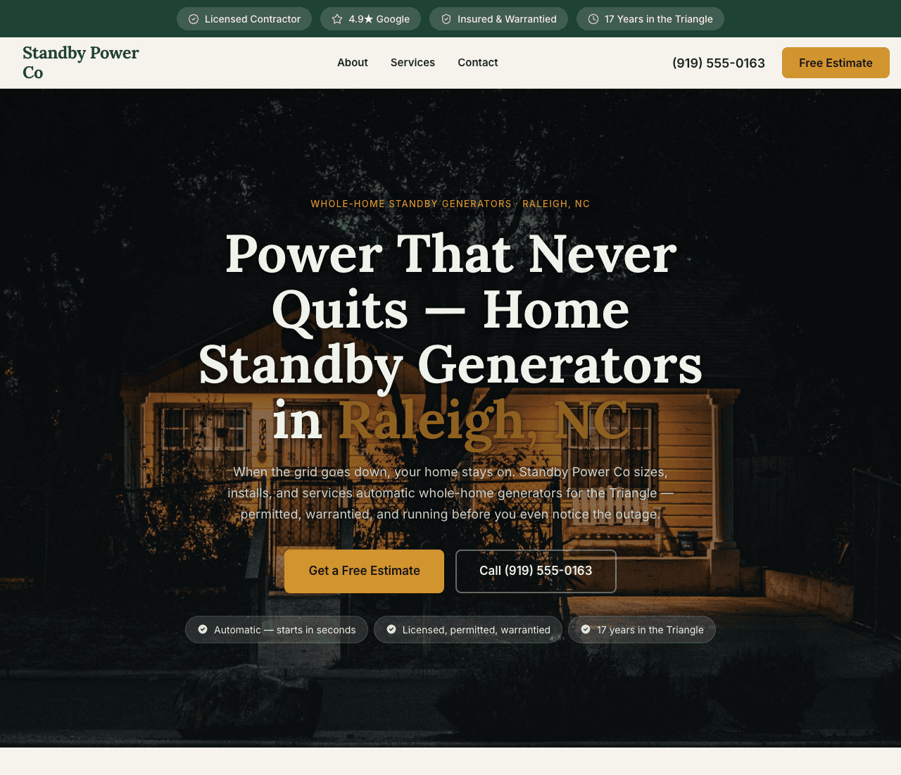 Standby Power Co — Backup Power Template website design you can build with Zarla