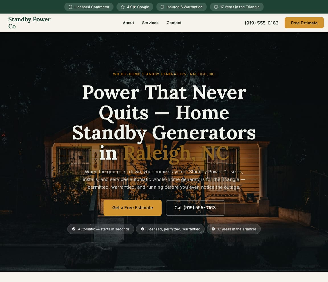 Standby Power Co — Standby Generators website design you can build with Zarla