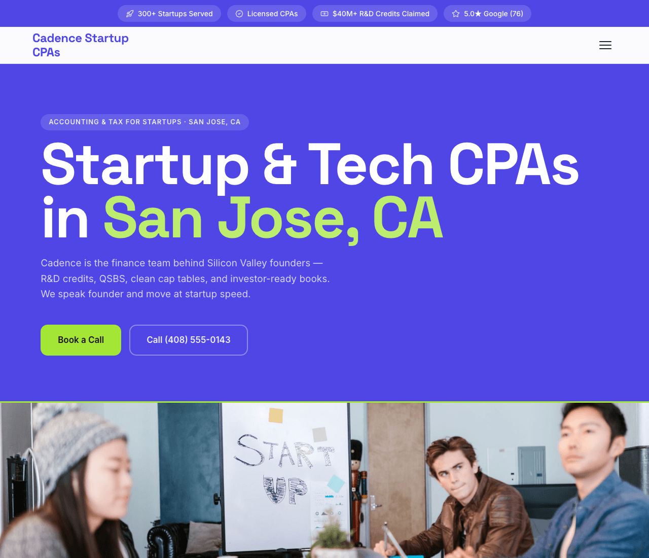 Cadence Startup CPAs — Startup CPA website design you can build with Zarla