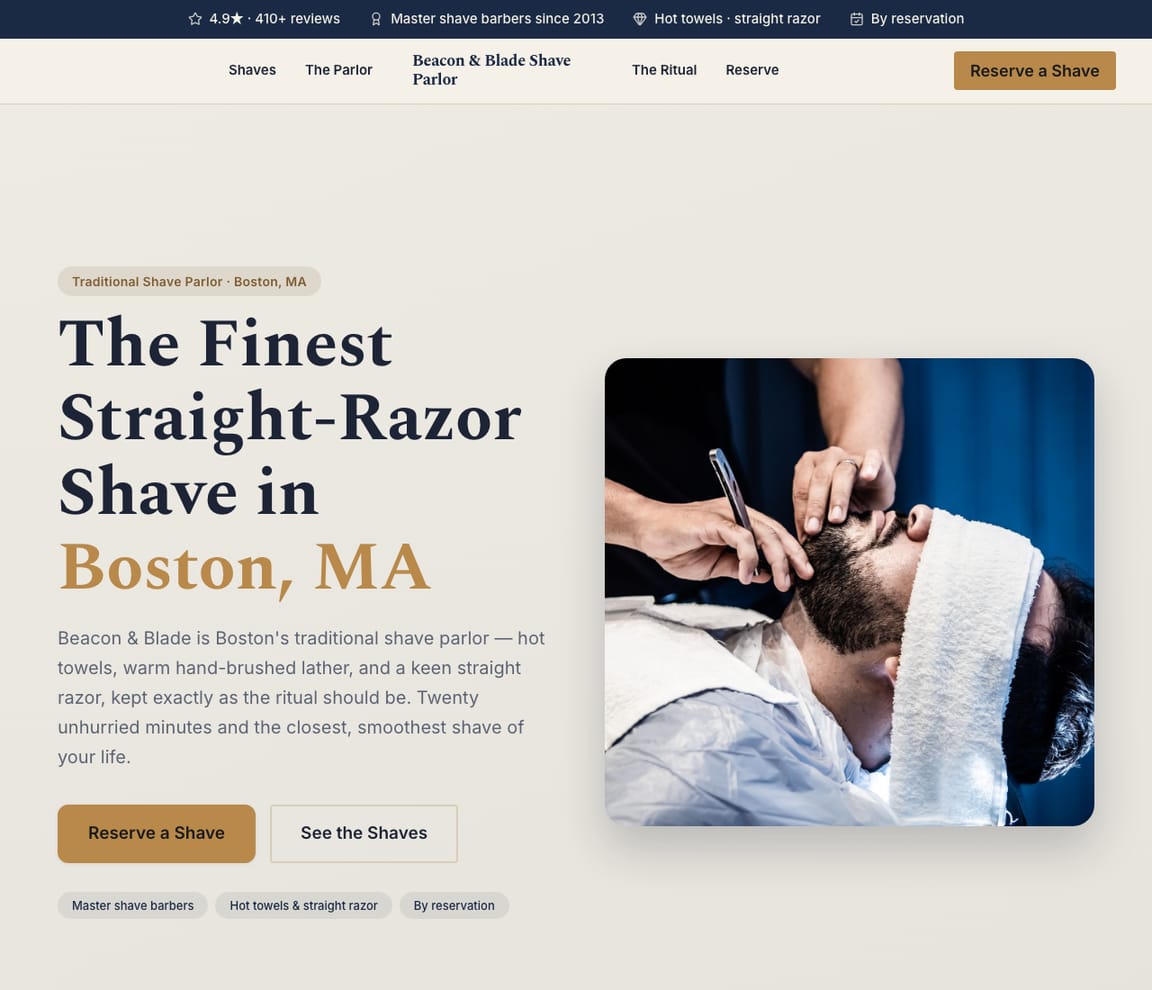 Beacon & Blade Shave Parlor — Shave Parlor website design you can build with Zarla