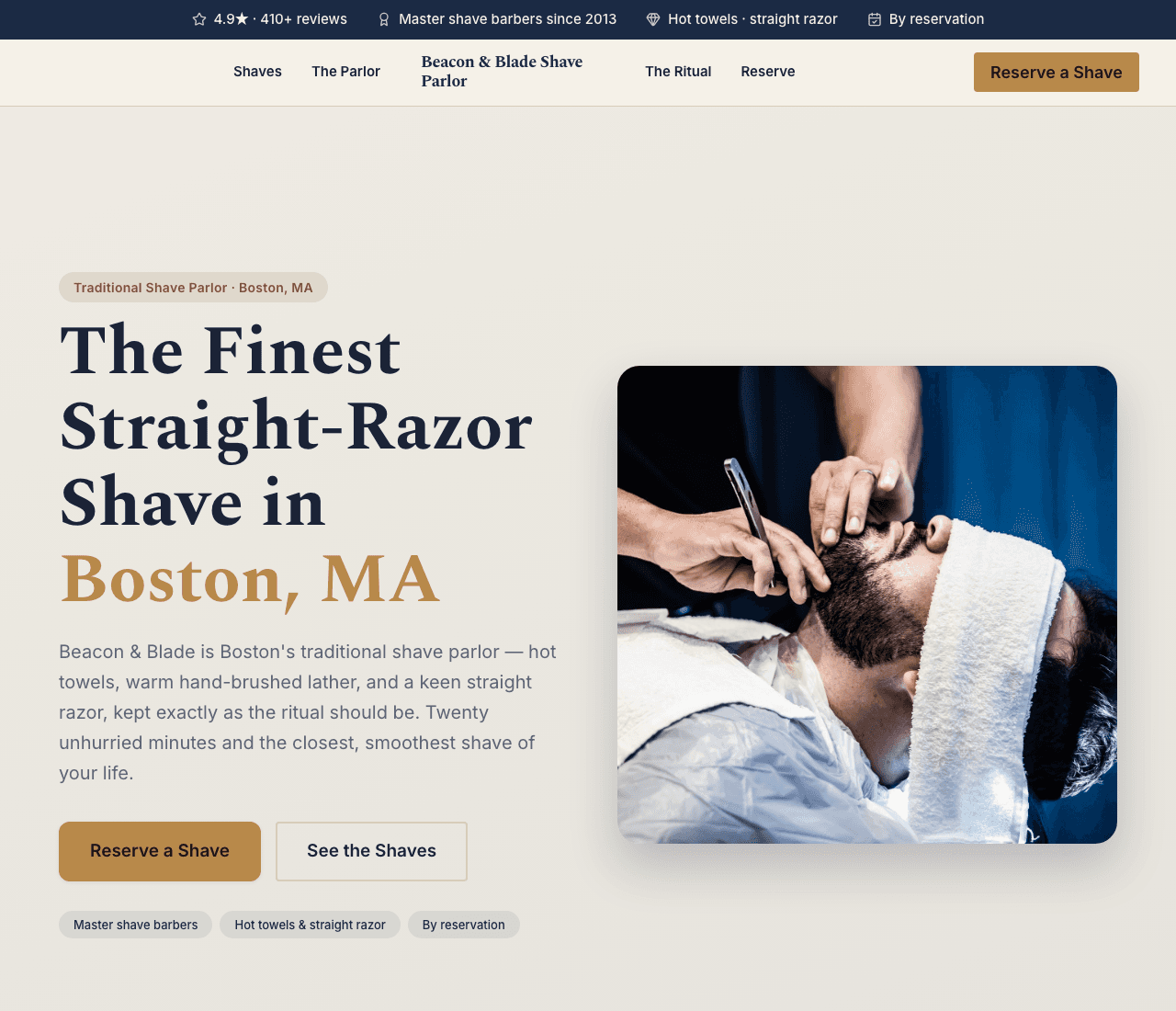 Beacon & Blade Shave Parlor — Shave Parlor website design you can build with Zarla