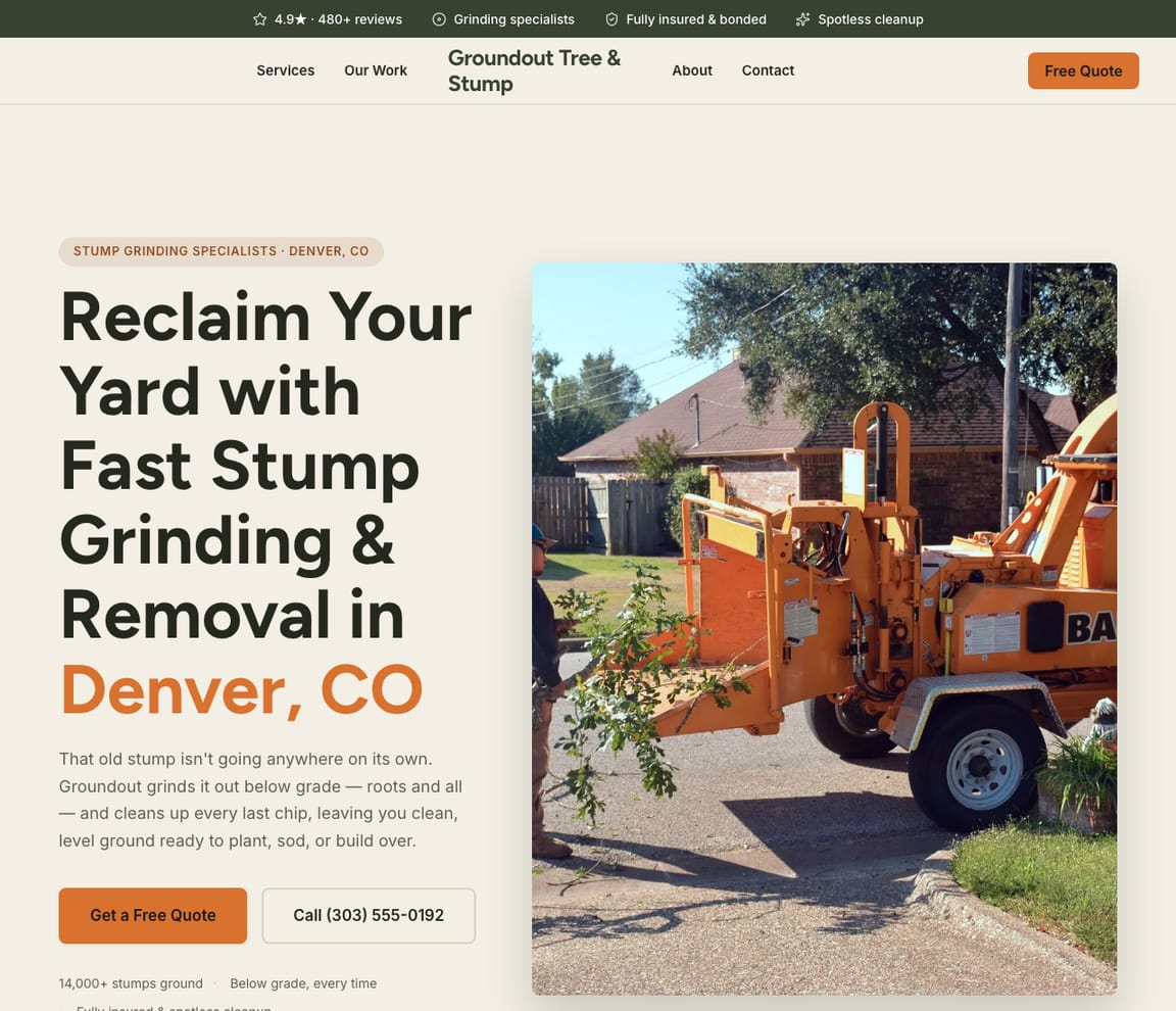 Groundout Tree & Stump — Stump Grinding website design you can build with Zarla