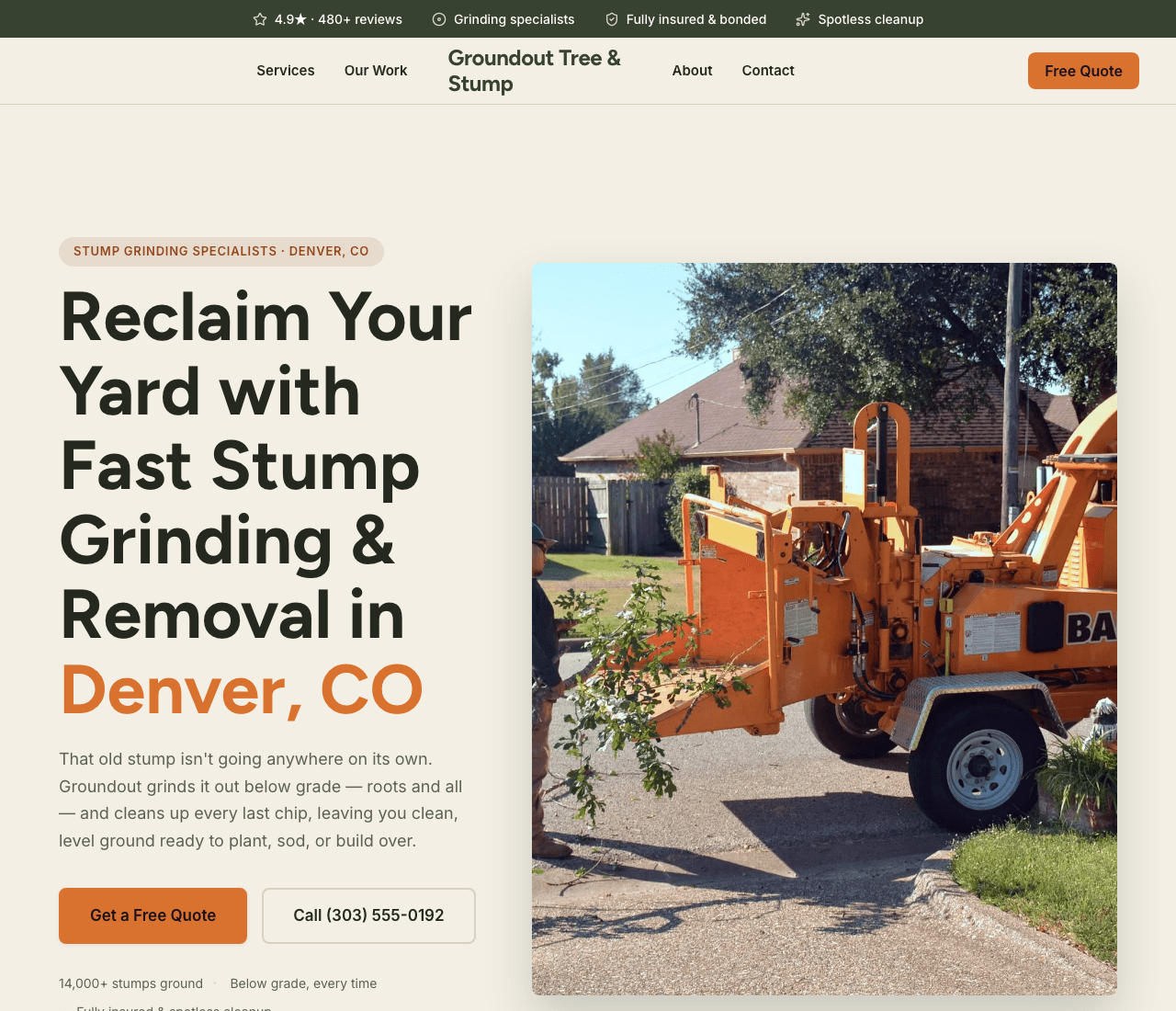 Groundout Tree & Stump — Stump Grinding website design you can build with Zarla