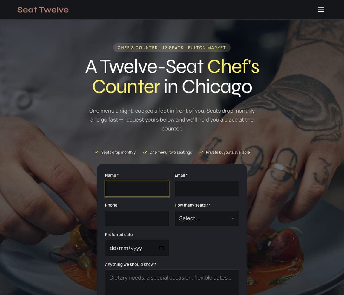 Seat Twelve — Chef's Counter Template website design you can build with Zarla