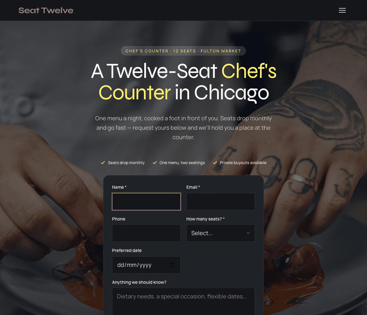Seat Twelve — Chef's Counter Template website design you can build with Zarla