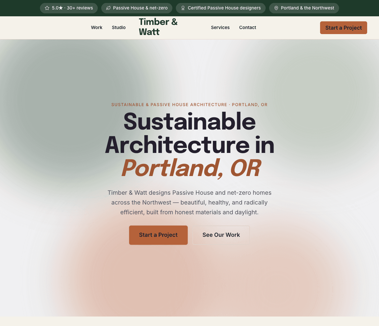 Timber & Watt — Sustainable Architect website design you can build with Zarla