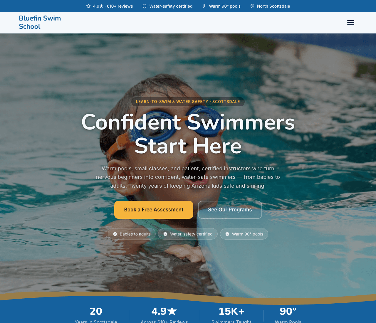 Bluefin Swim School — Swim School Template website design you can build with Zarla