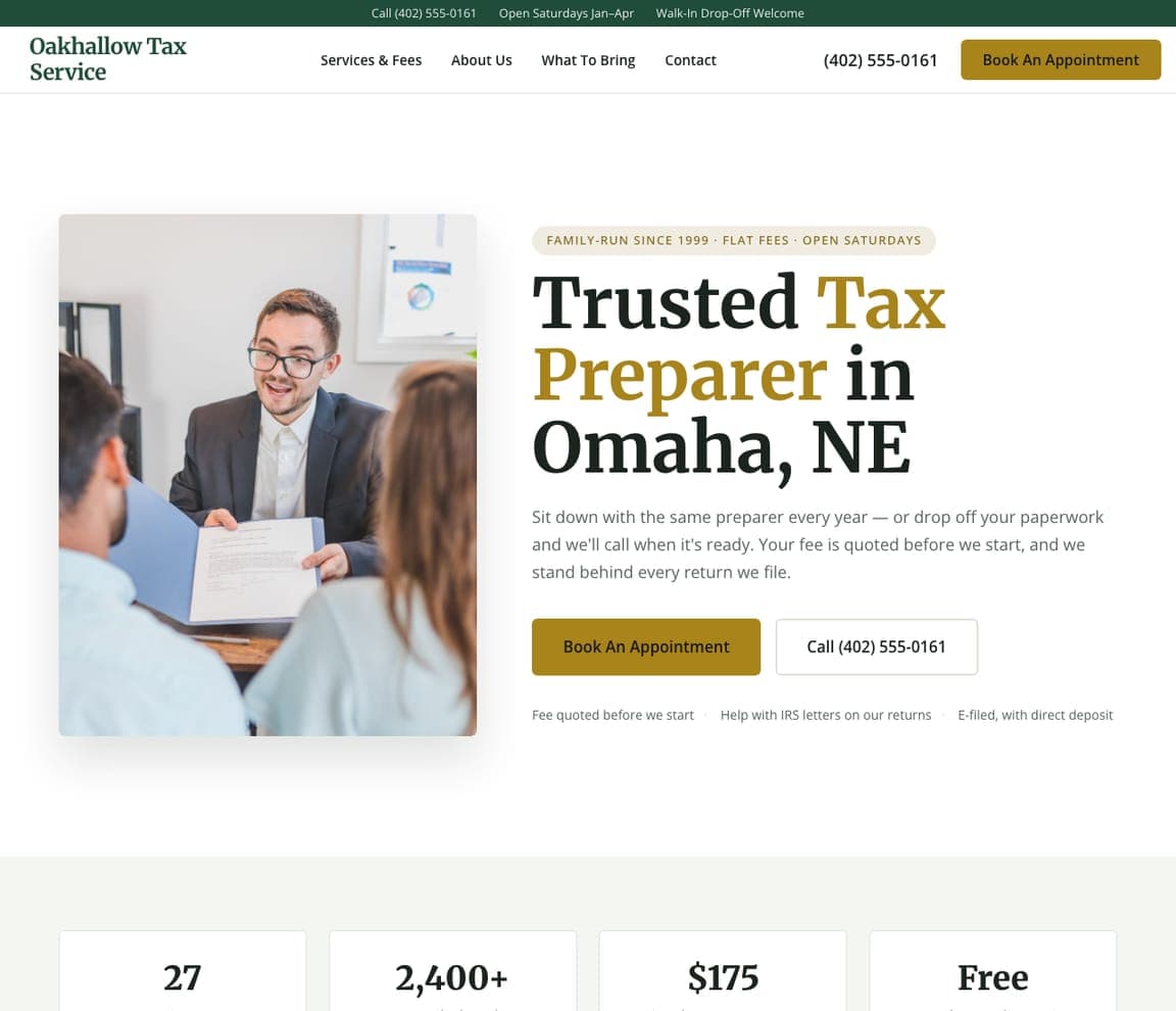 Oakhallow Tax Service — Tax Preparer website design you can build with Zarla