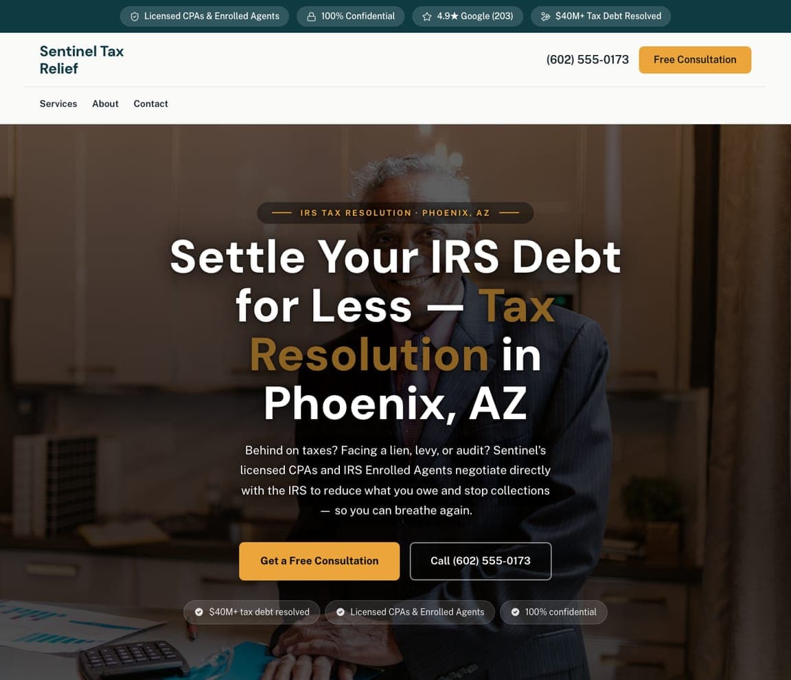 Sentinel Tax Relief — Tax Resolution website design you can build with Zarla