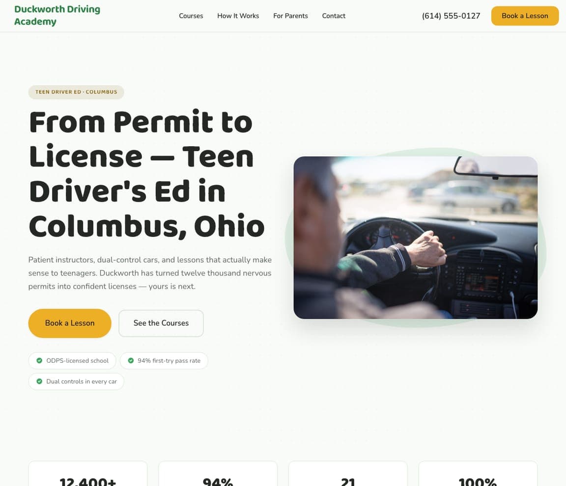 Duckworth Driving Academy — Teen Driver Ed website design you can build with Zarla