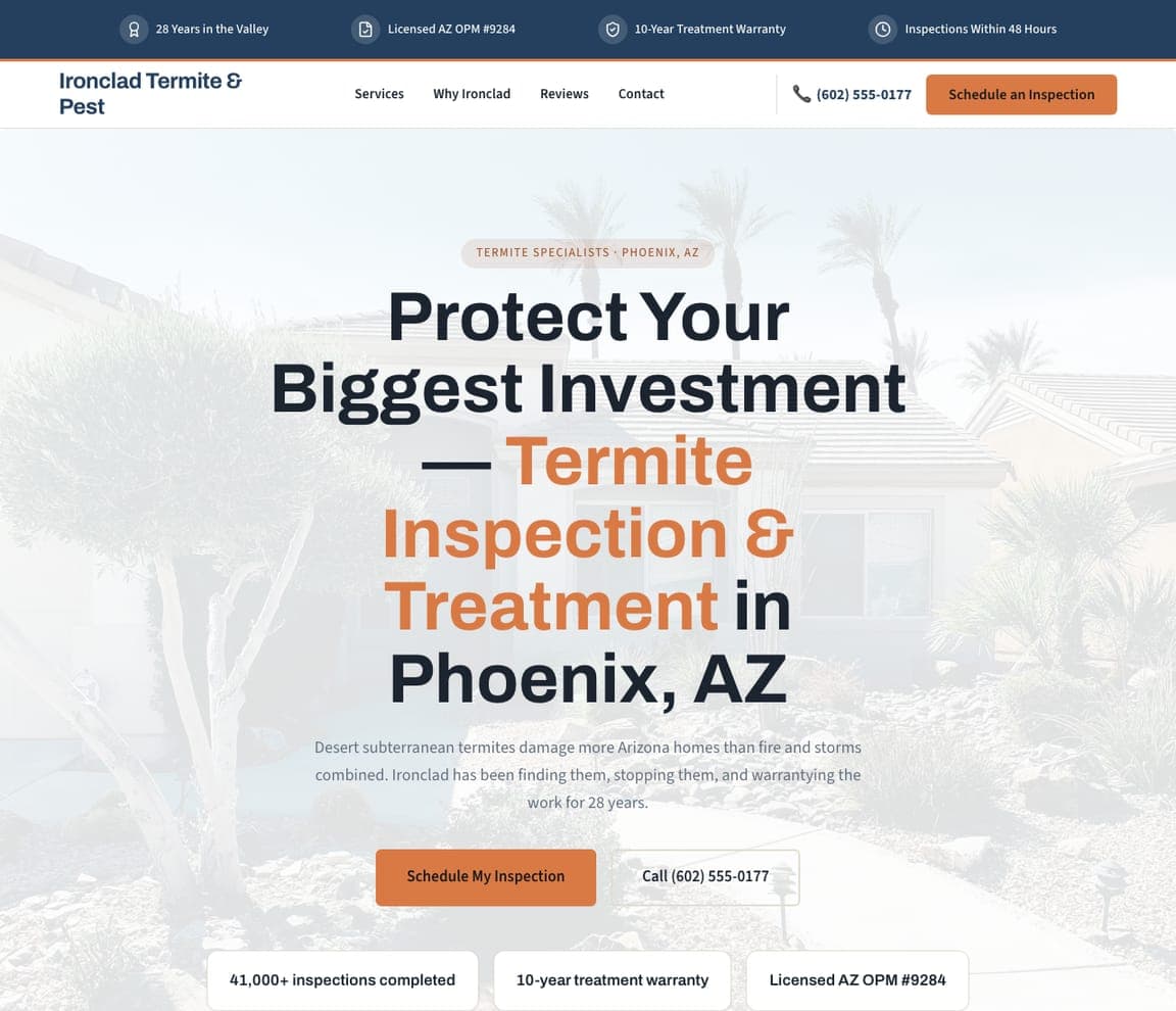 Ironclad Termite & Pest — Termite Control website design you can build with Zarla