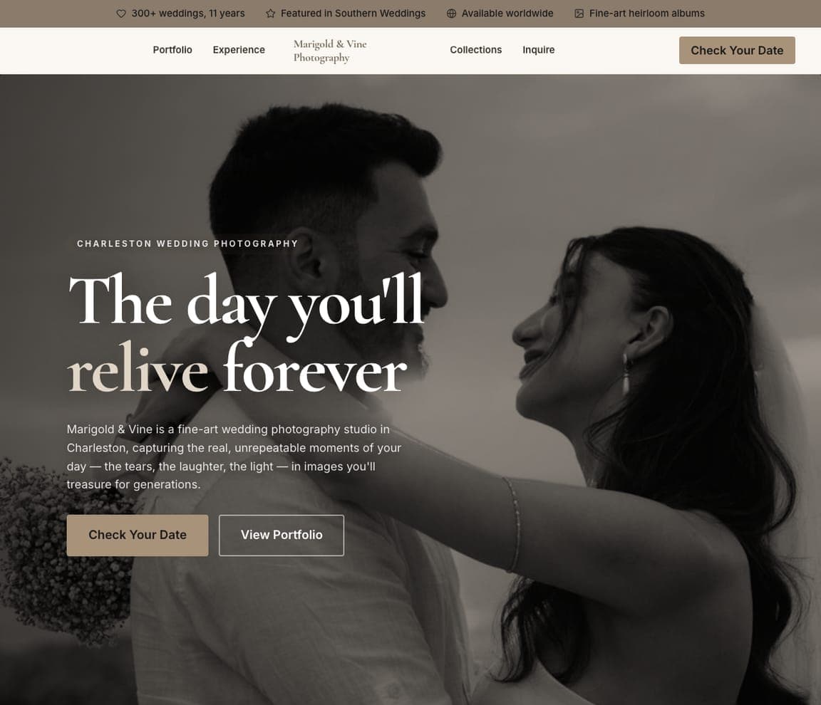 Marigold & Vine Photography — Wedding Photography website design you can build with Zarla