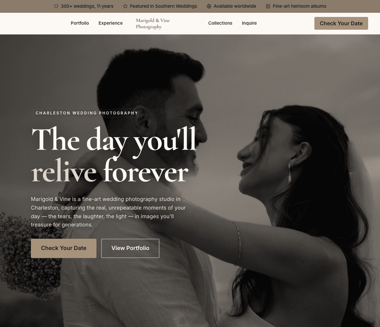 Marigold & Vine Photography — Wedding Photography website design you can build with Zarla