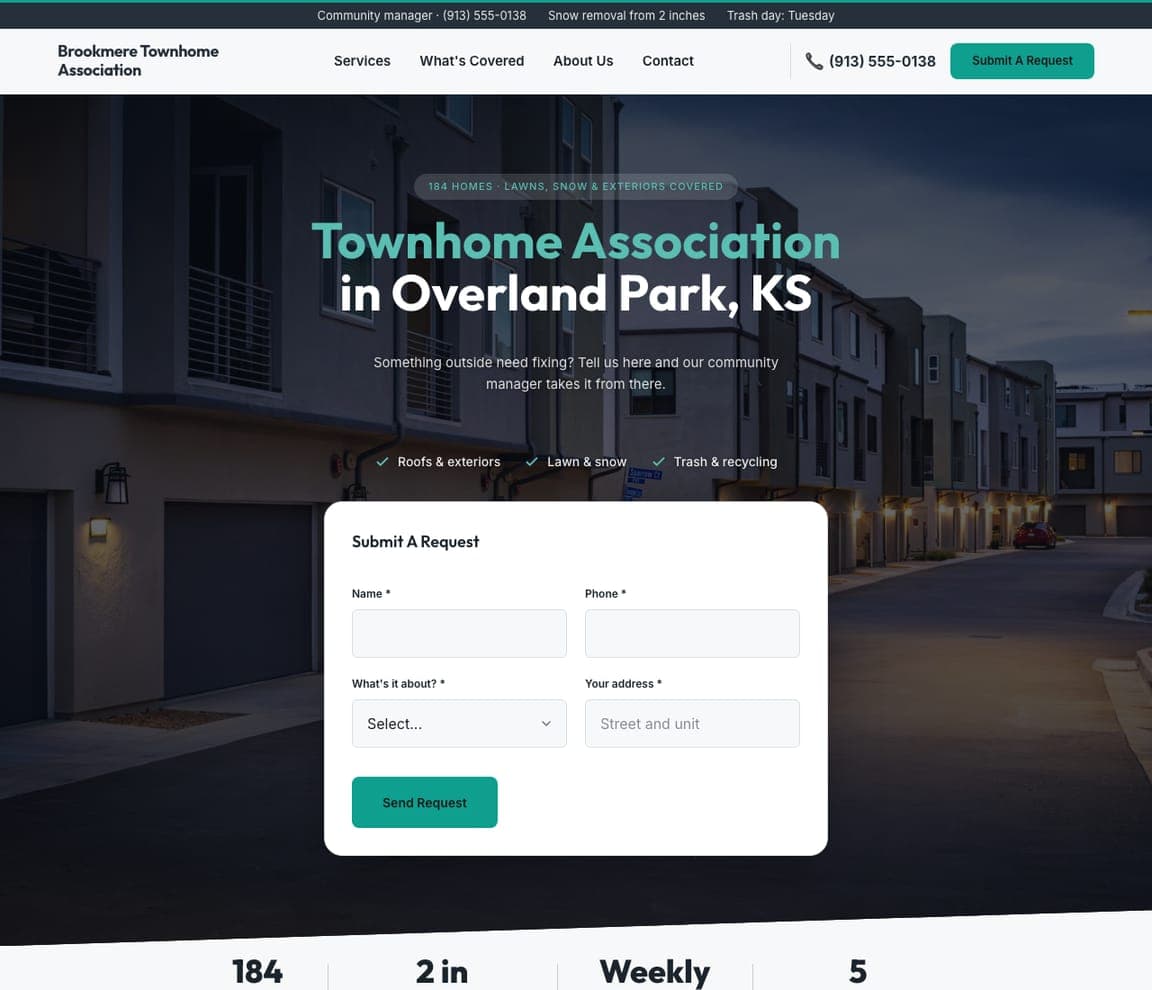Brookmere Townhome Association — Townhome Association website design you can build with Zarla