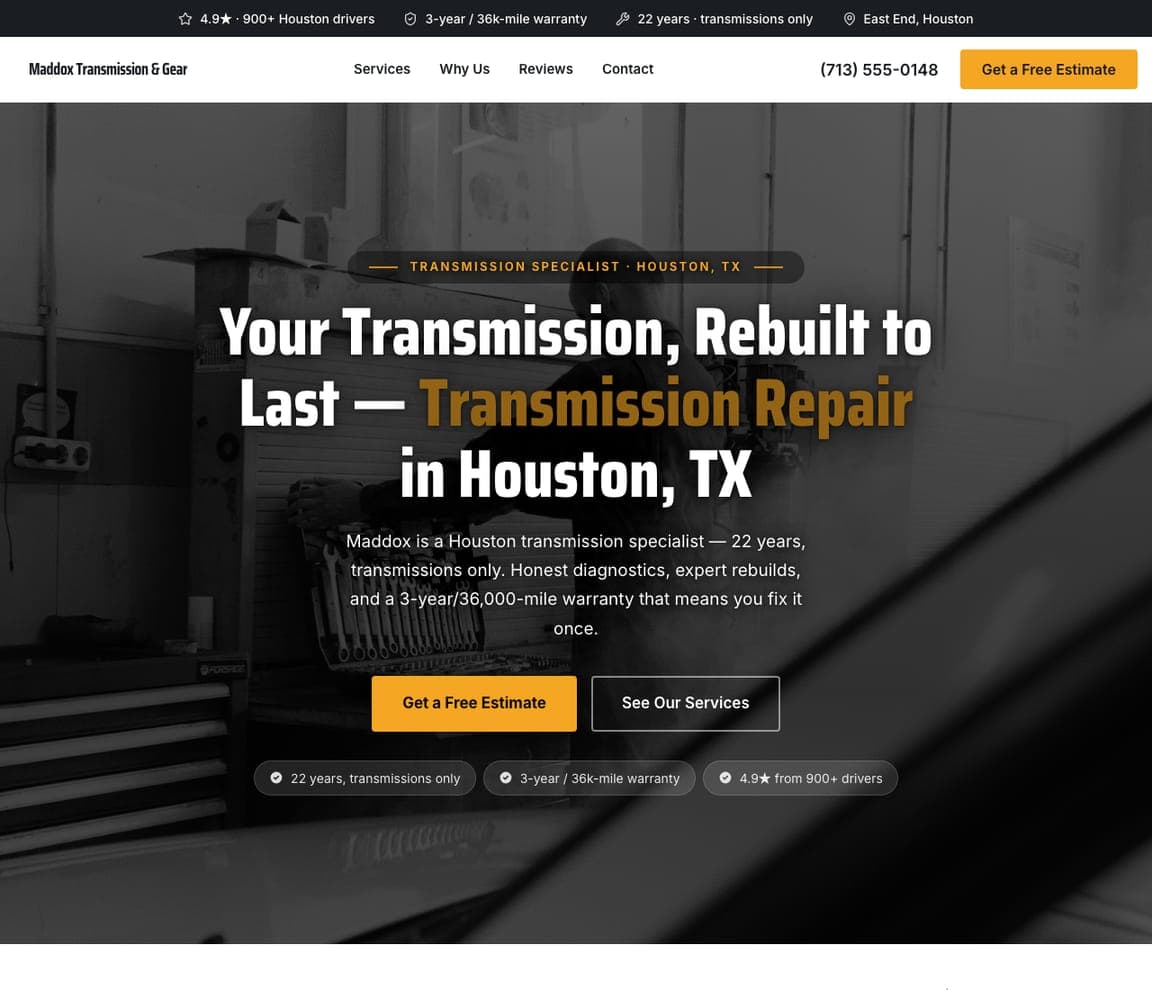 Maddox Transmission & Gear — Transmission Specialist website design you can build with Zarla