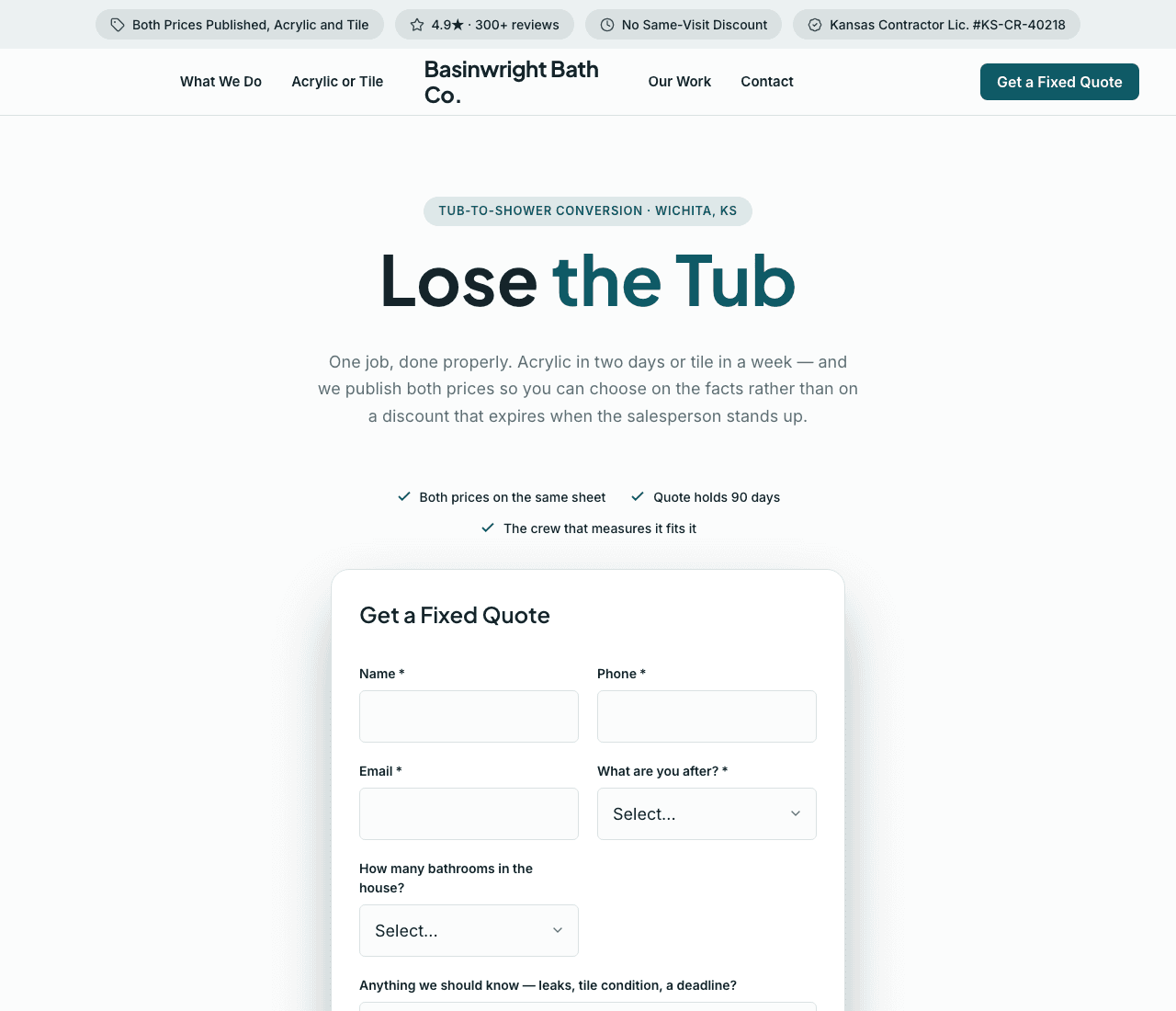 Basinwright Bath Co. — Shower Conversion Template website design you can build with Zarla
