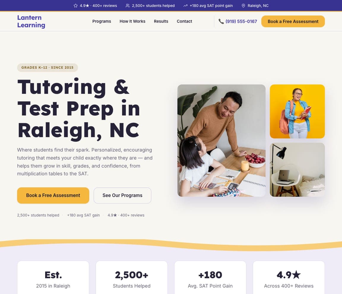 Lantern Learning — Tutoring Template website design you can build with Zarla