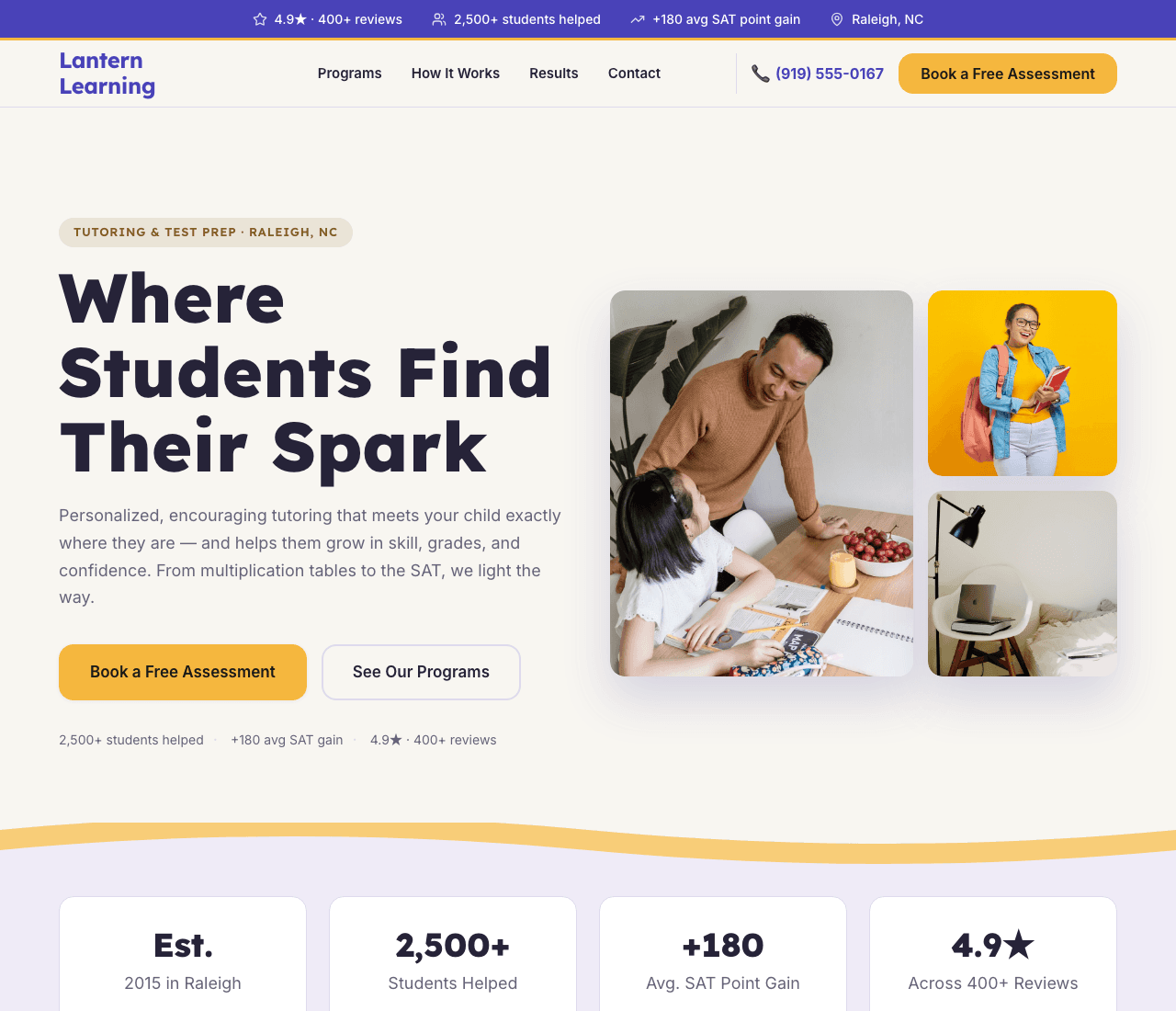 Lantern Learning — Tutoring Template website design you can build with Zarla