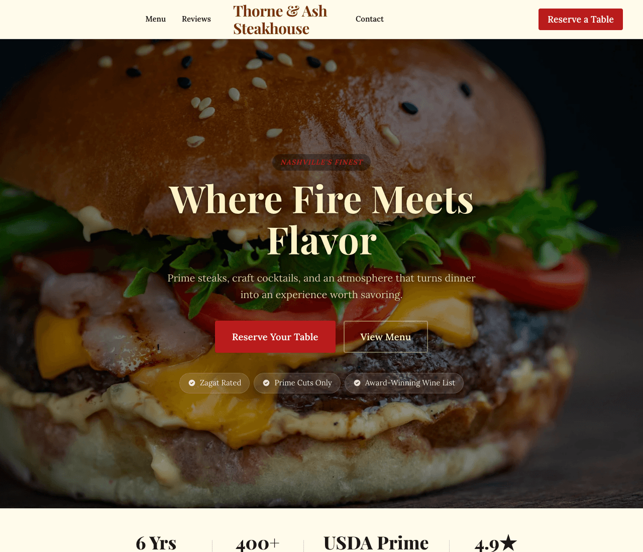 Thorne & Ash Steakhouse — Steakhouse website design you can build with Zarla