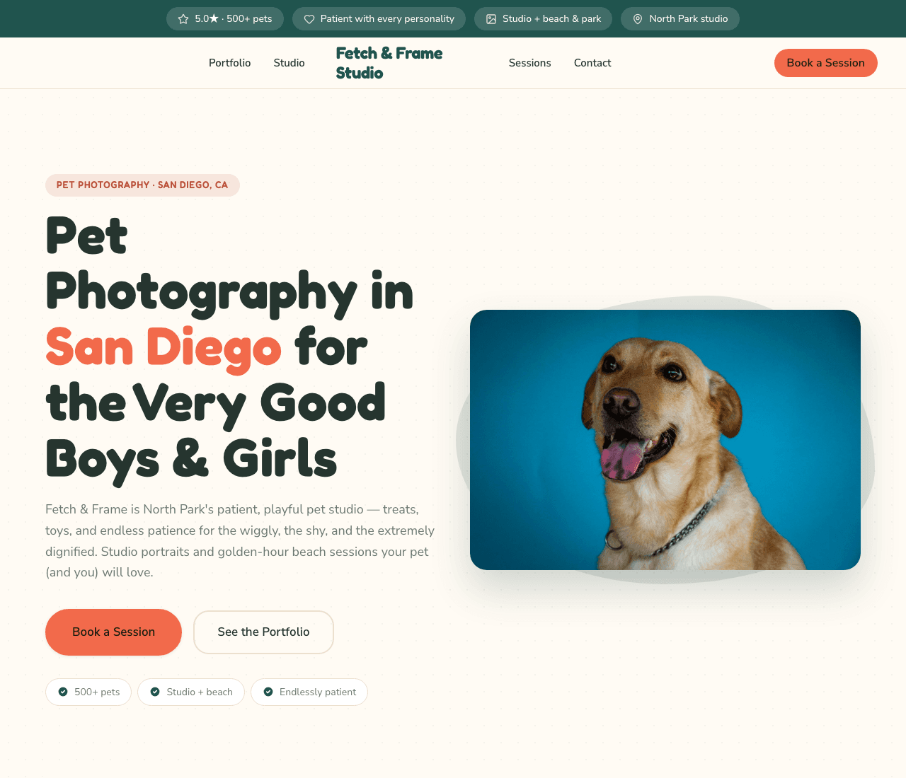 Fetch & Frame Studio — Pet Photography website design you can build with Zarla