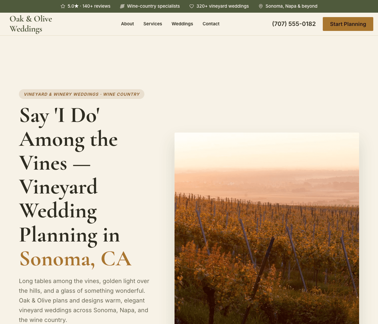 Oak & Olive Weddings — Vineyard Weddings website design you can build with Zarla
