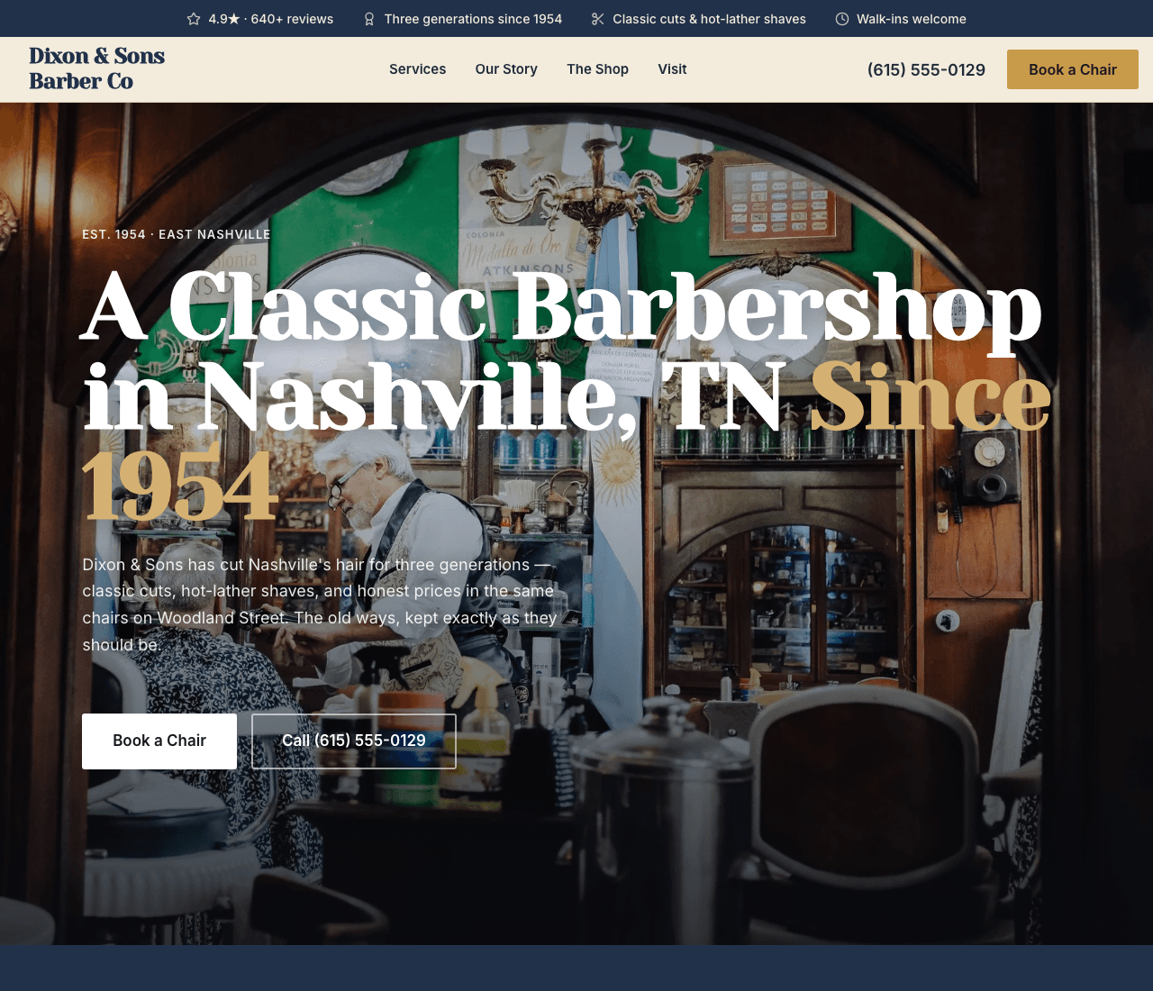 Dixon & Sons Barber Co — Heritage Barbershop Template website design you can build with Zarla