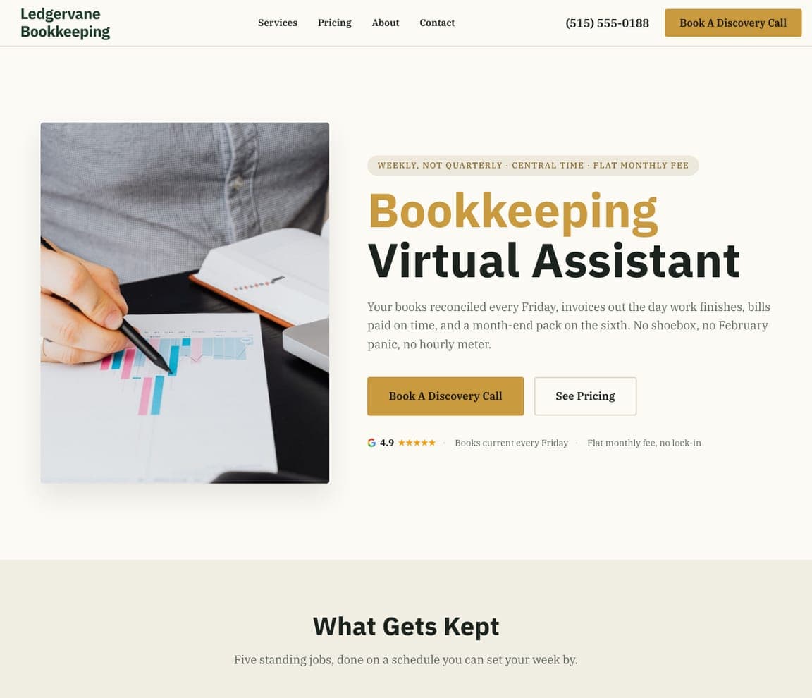 Ledgervane Bookkeeping — Bookkeeping VA website design you can build with Zarla