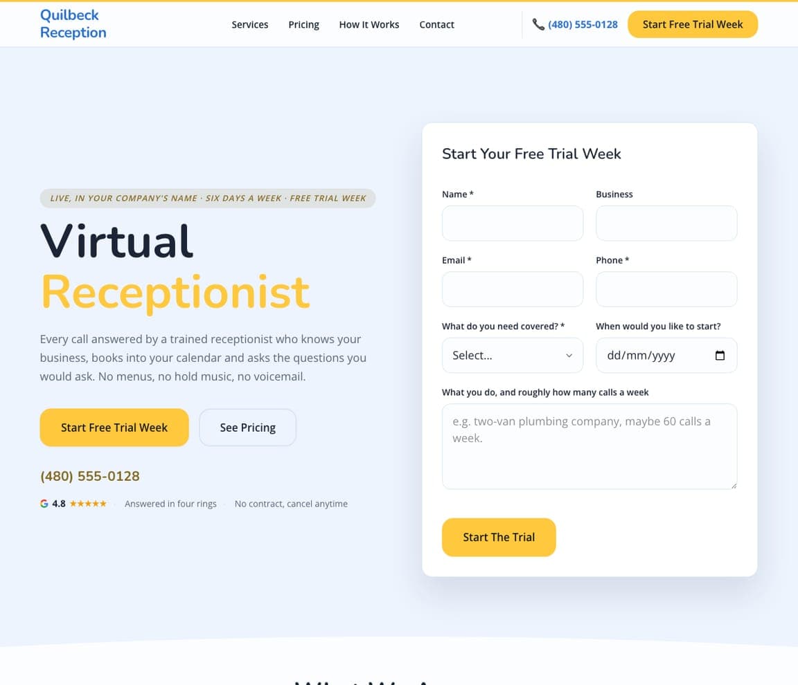 Quilbeck Reception — Virtual Receptionist website design you can build with Zarla