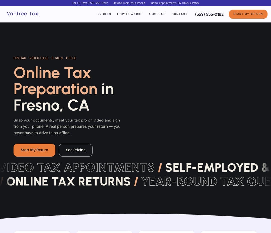 Vantree Tax — Online Tax Preparation website design you can build with Zarla