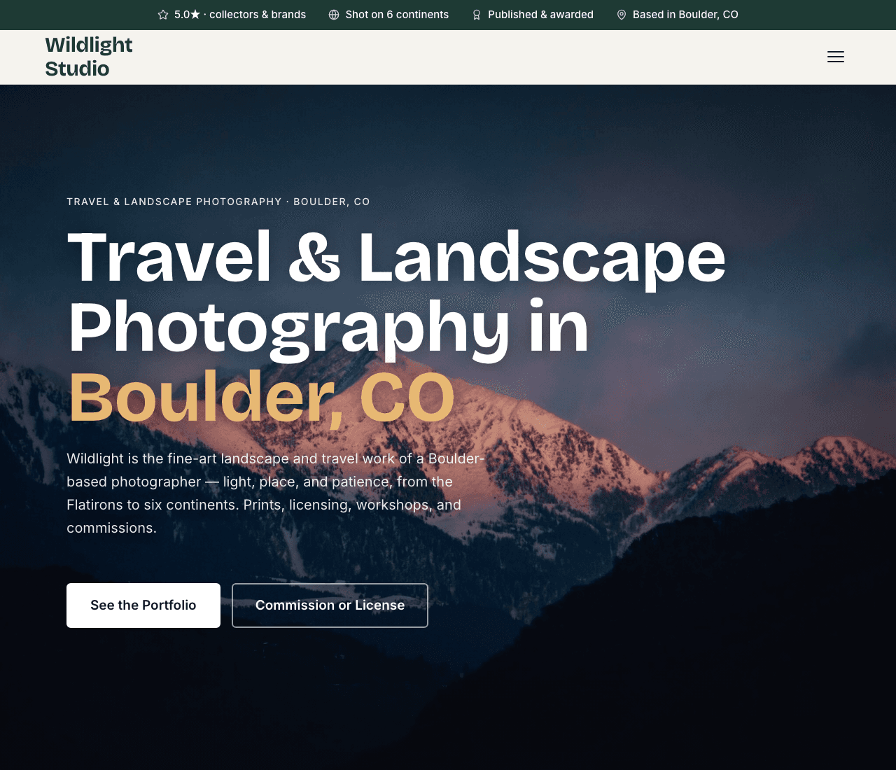 Wildlight Studio — Landscape Photography website design you can build with Zarla