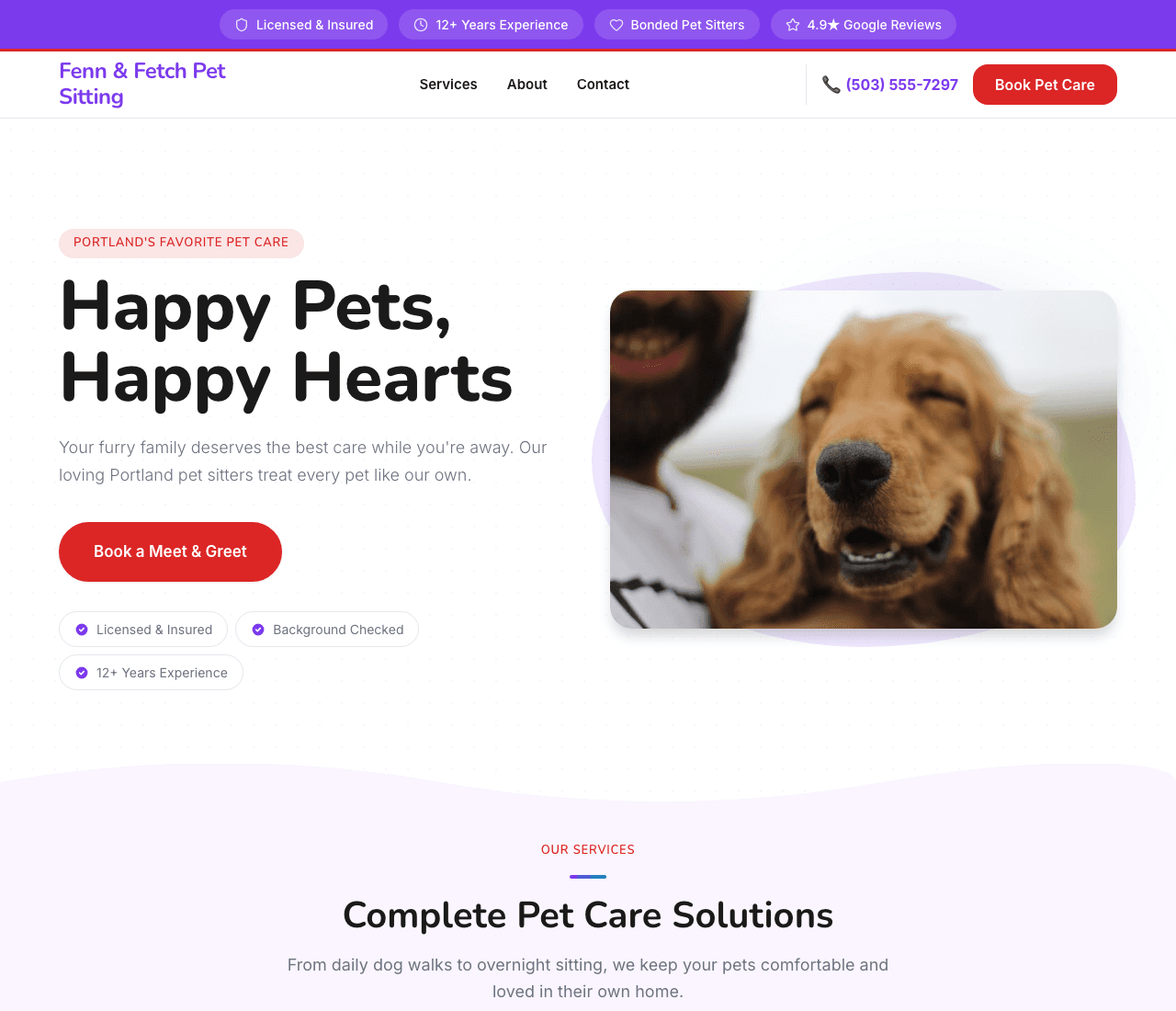 Fenn & Fetch Pet Sitting — Pet Care Template website design you can build with Zarla
