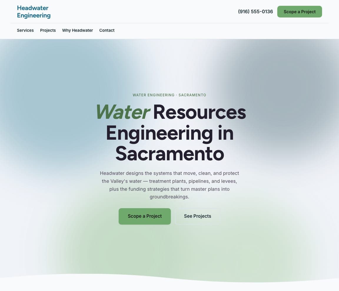 Headwater Engineering — Water Engineering website design you can build with Zarla