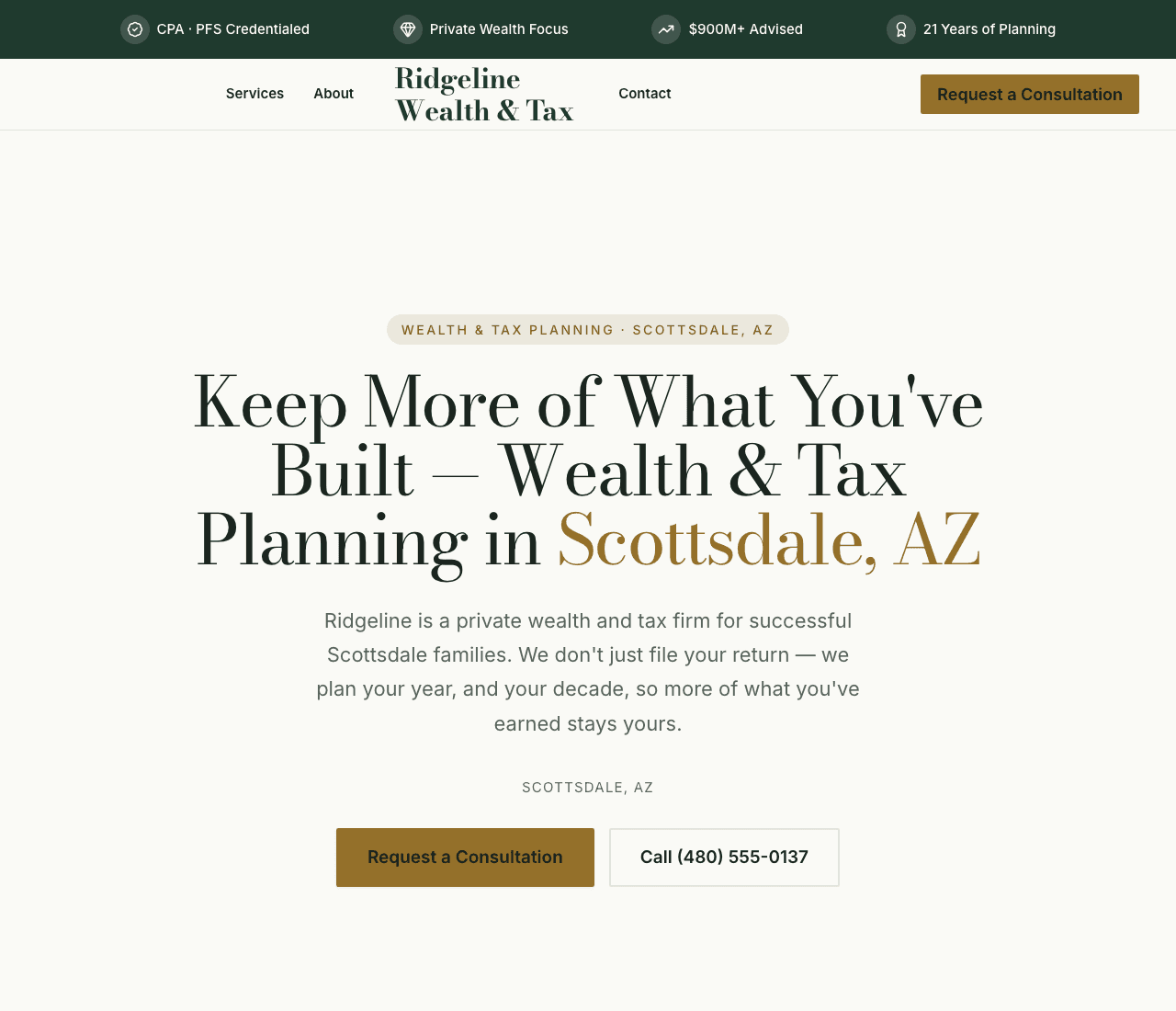 Ridgeline Wealth & Tax — Wealth & Tax Planning Template website design you can build with Zarla