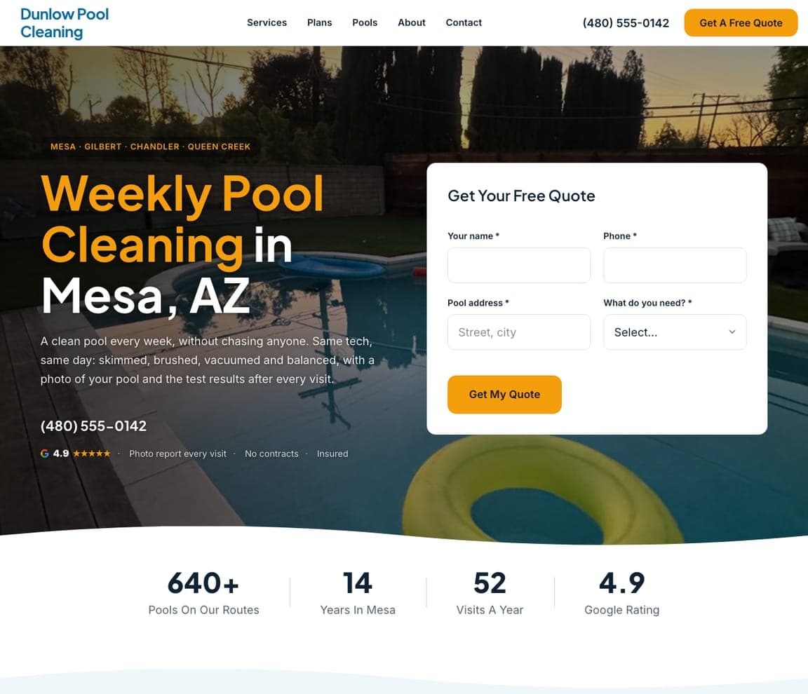 Dunlow Pool Cleaning — Weekly Cleaning Template website design you can build with Zarla