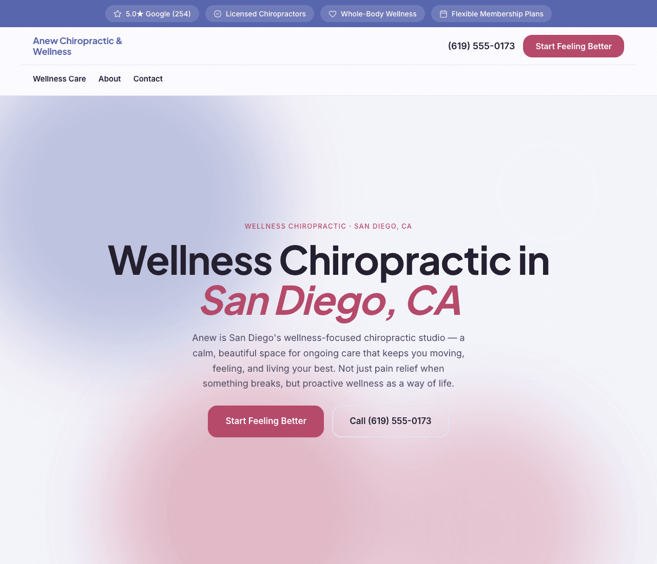 Anew Chiropractic & Wellness — Wellness Care Template website design you can build with Zarla