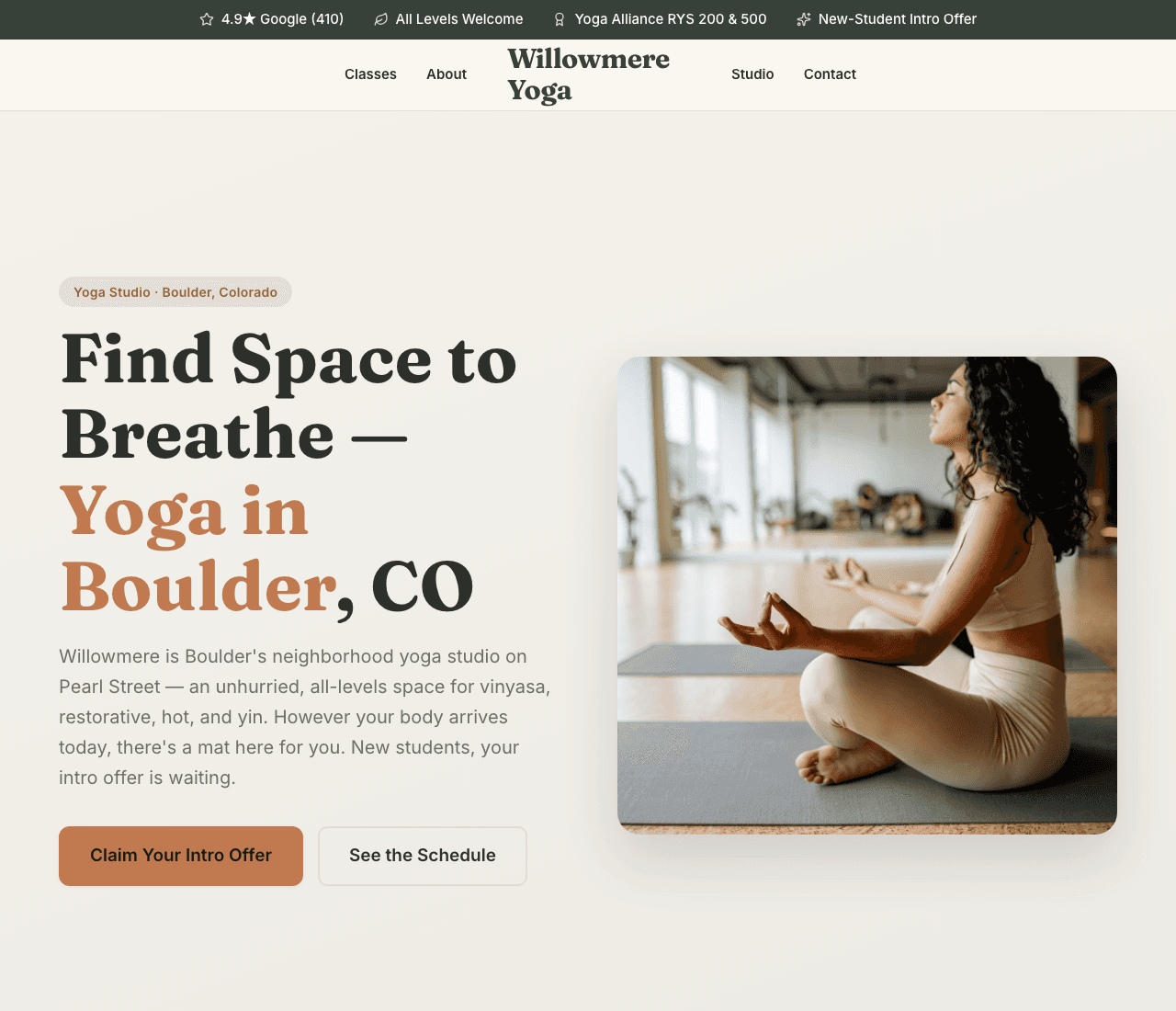 Willowmere Yoga — Yoga Studio Template website design you can build with Zarla