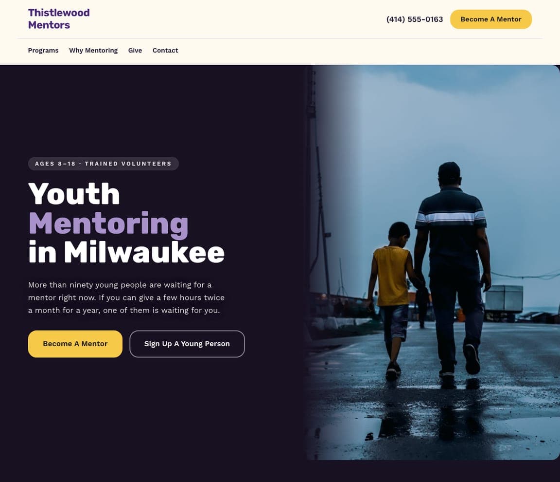 Thistlewood Mentors — Youth Mentoring website design you can build with Zarla