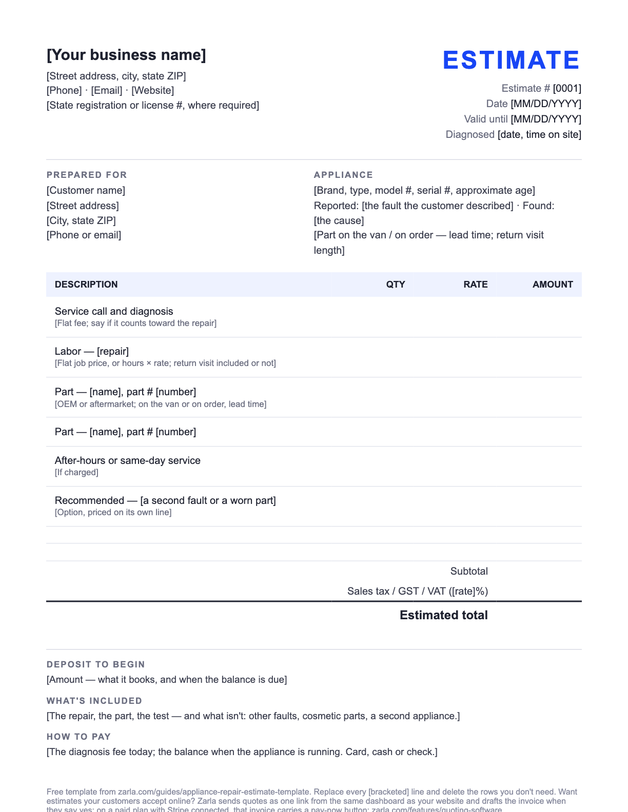 Free Appliance Repair Estimate Template — the blank fill-in estimate as it downloads, with [bracketed] lines to replace