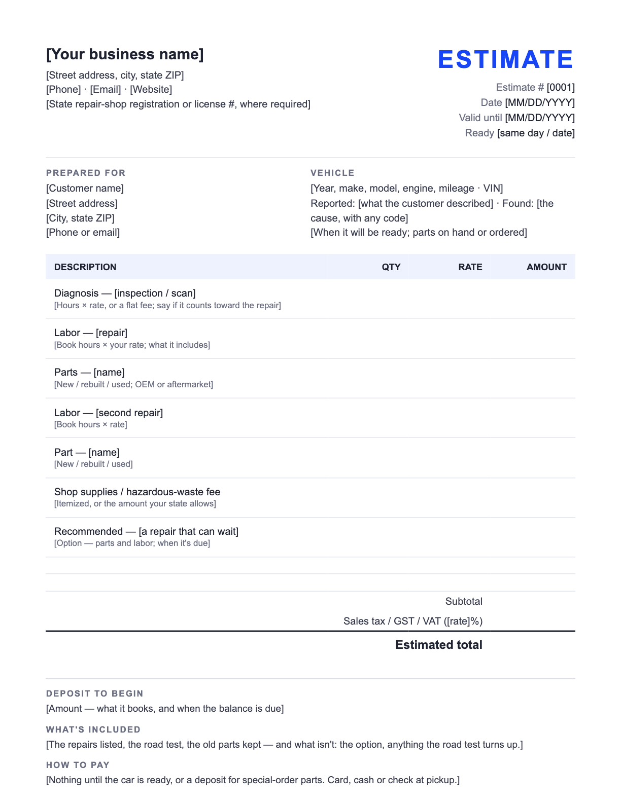 Free Auto Repair Estimate Template — the blank fill-in estimate as it downloads, with [bracketed] lines to replace