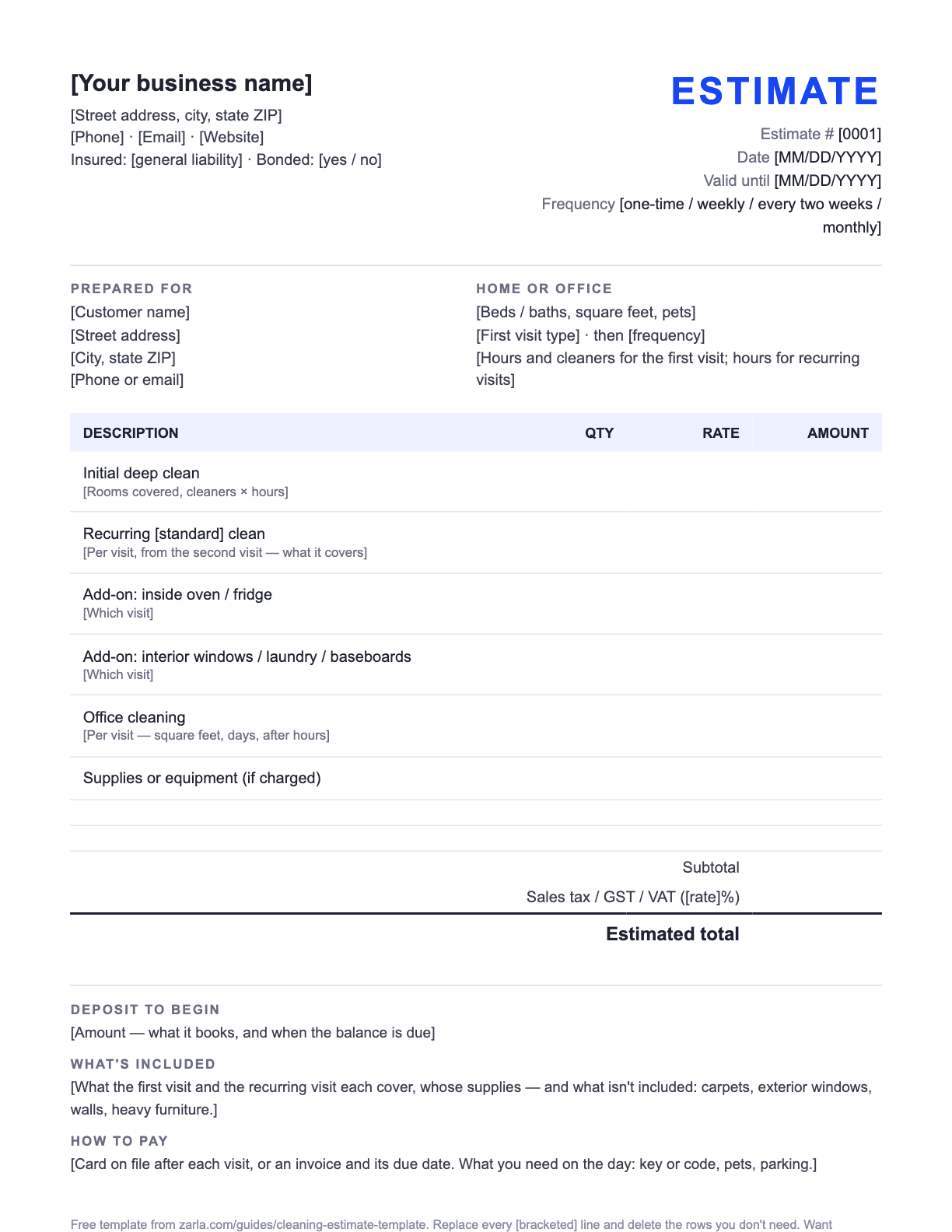 Free Cleaning Estimate Template — the blank fill-in estimate as it downloads, with [bracketed] lines to replace