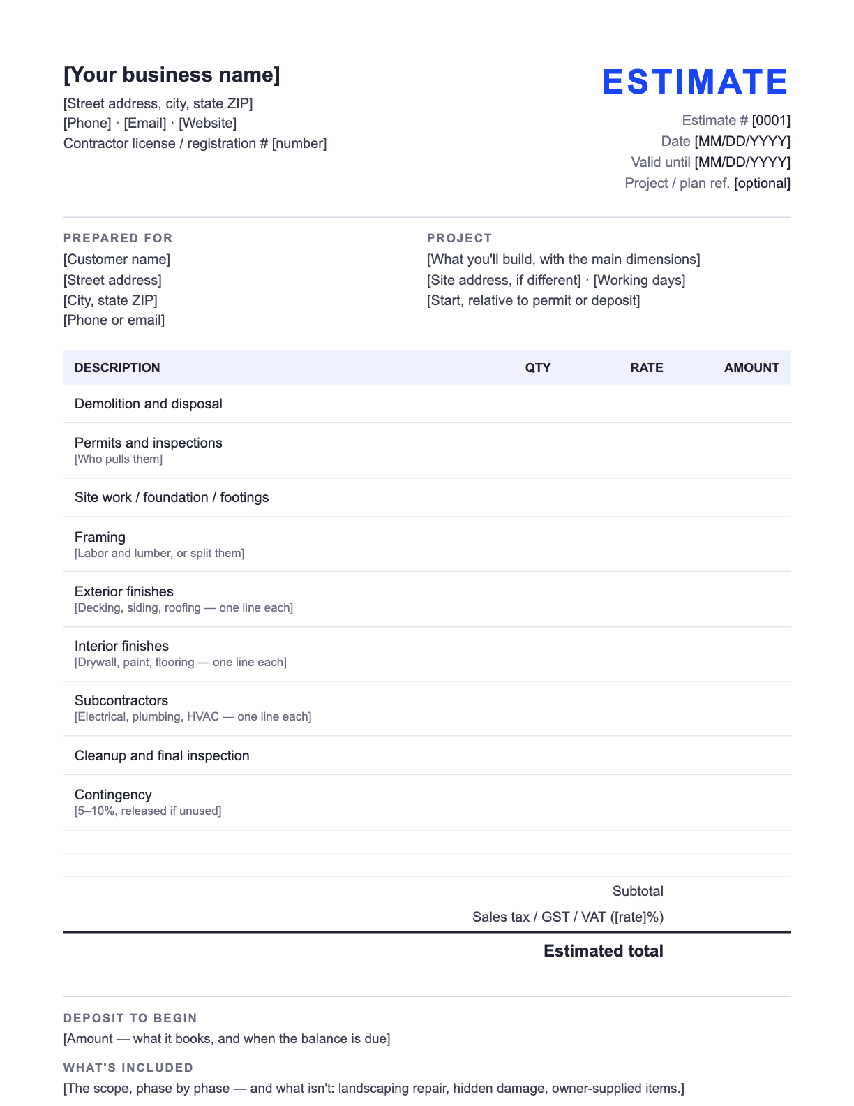 Free Construction Estimate Template — the blank fill-in estimate as it downloads, with [bracketed] lines to replace