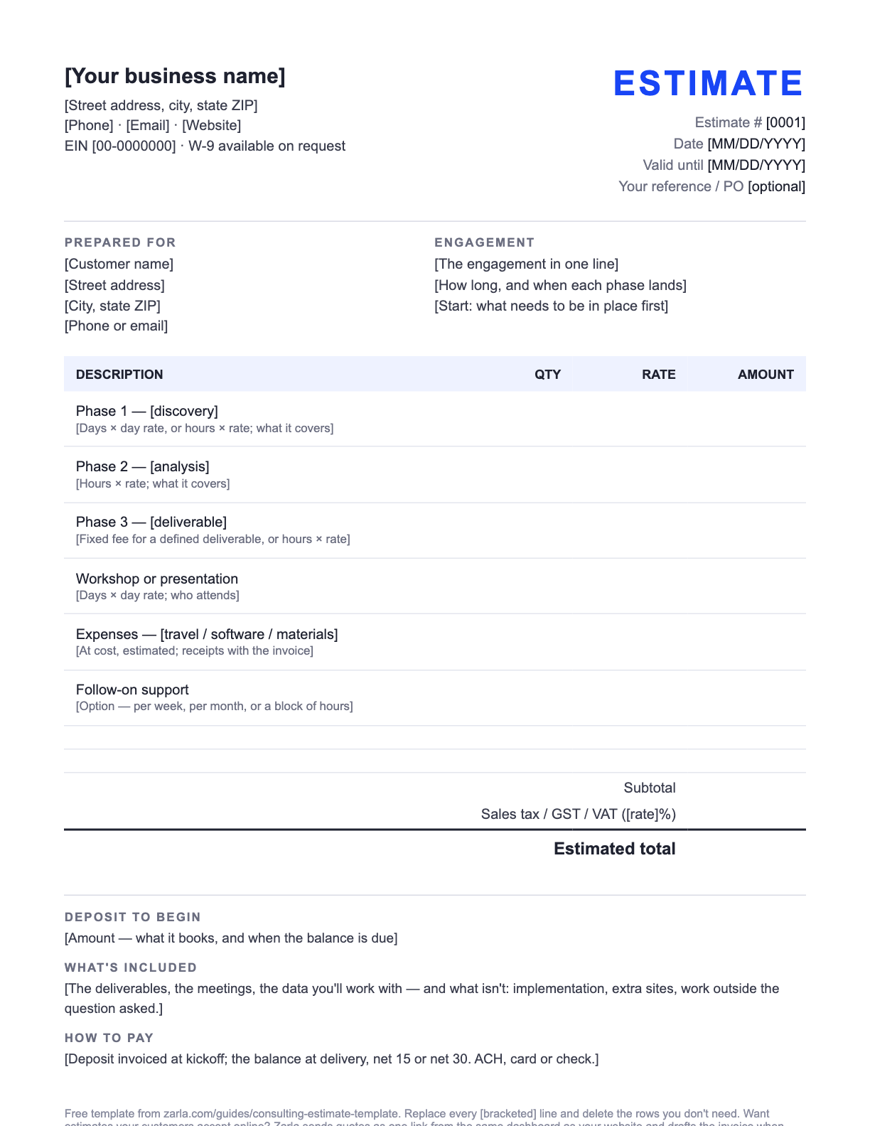 Free Consulting Estimate Template — the blank fill-in estimate as it downloads, with [bracketed] lines to replace