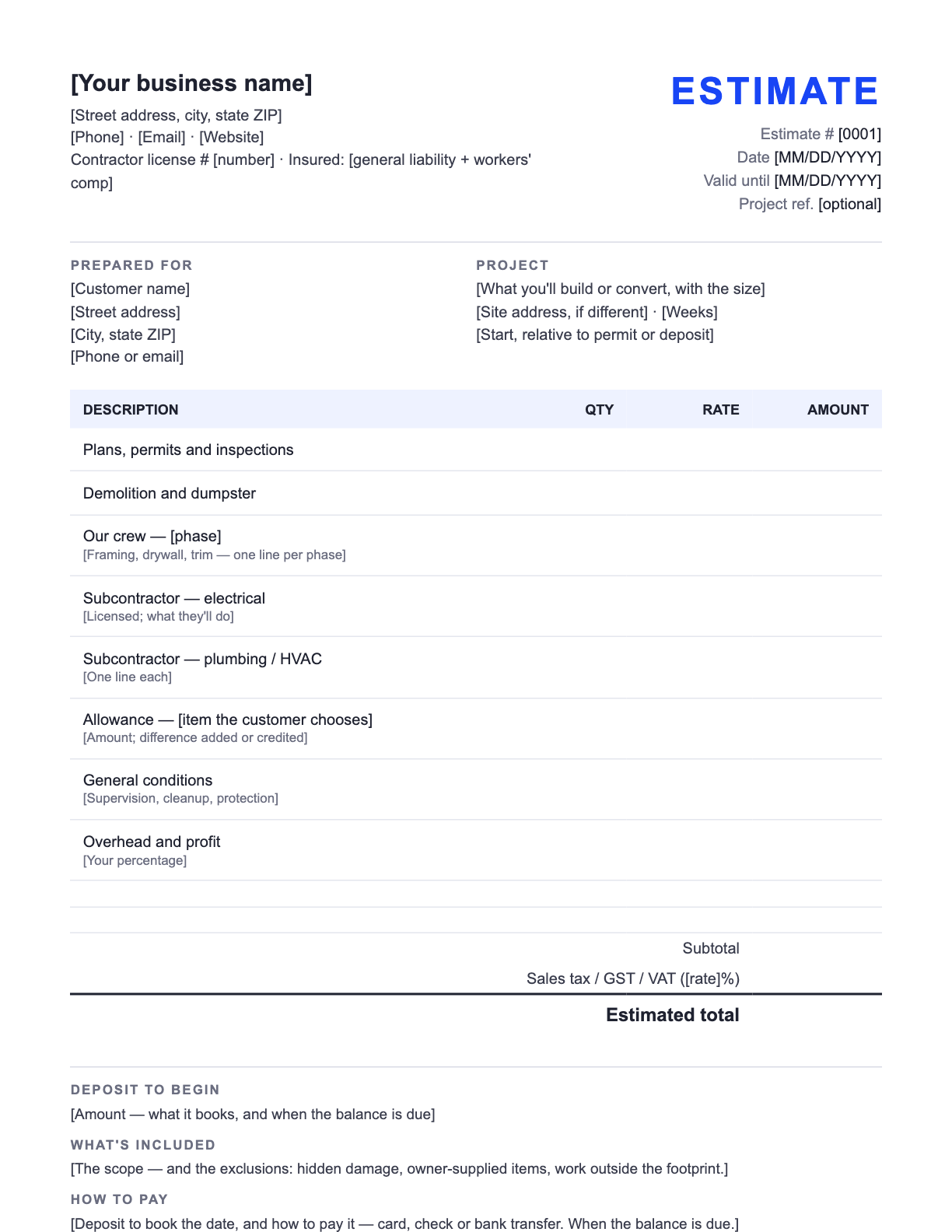 Free Contractor Estimate Template — the blank fill-in estimate as it downloads, with [bracketed] lines to replace