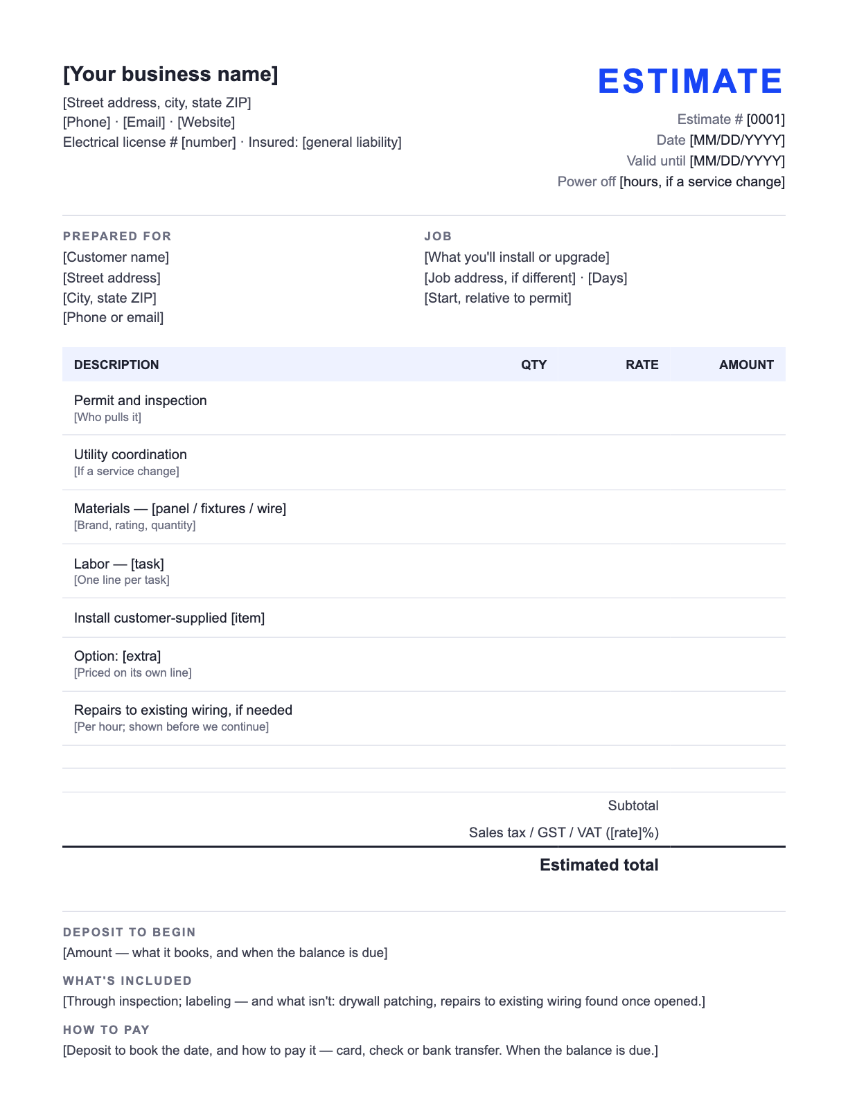 Free Electrical Estimate Template — the blank fill-in estimate as it downloads, with [bracketed] lines to replace