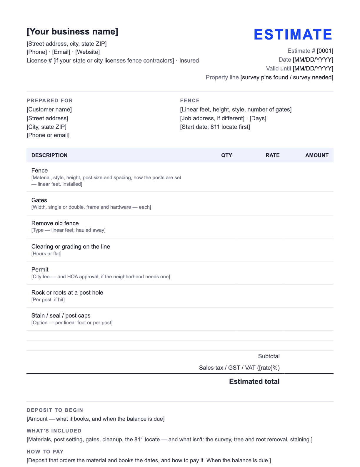 Free Fence Estimate Template — the blank fill-in estimate as it downloads, with [bracketed] lines to replace