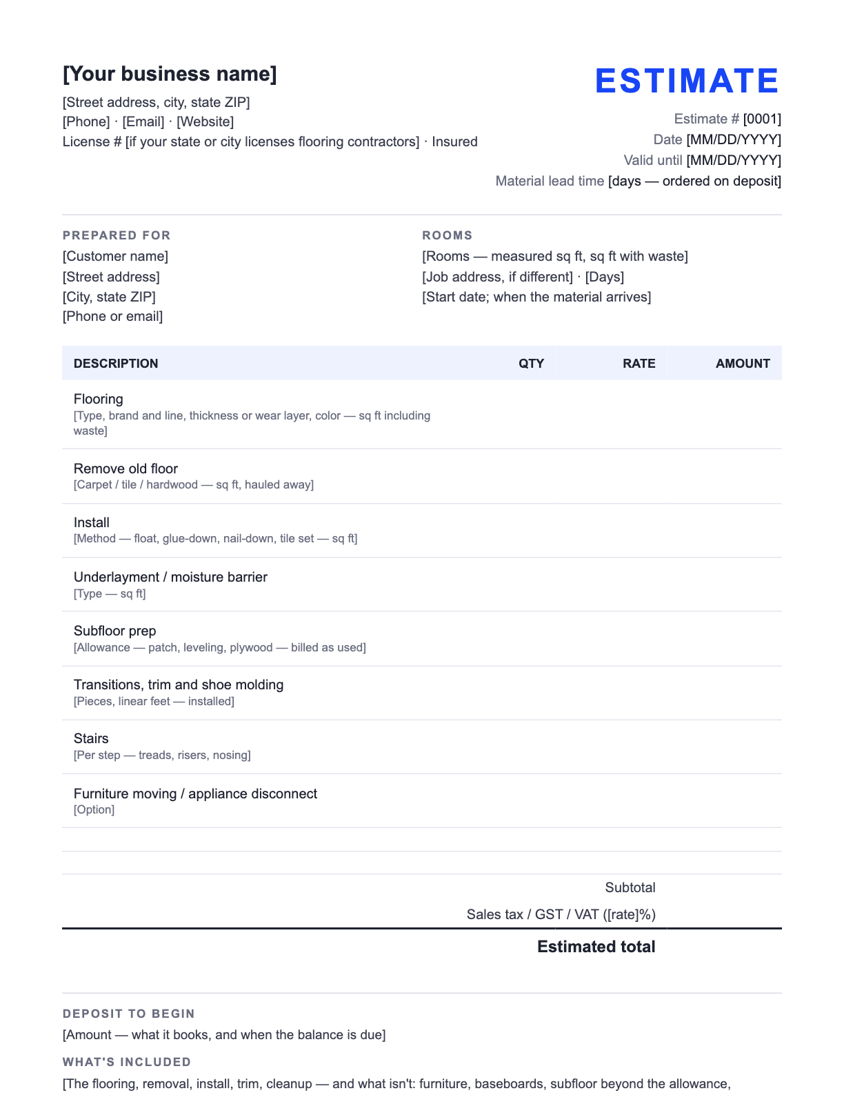 Free Flooring Estimate Template — the blank fill-in estimate as it downloads, with [bracketed] lines to replace