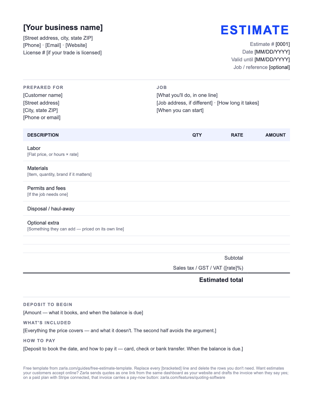 Free Estimate Template — the blank fill-in estimate as it downloads, with [bracketed] lines to replace