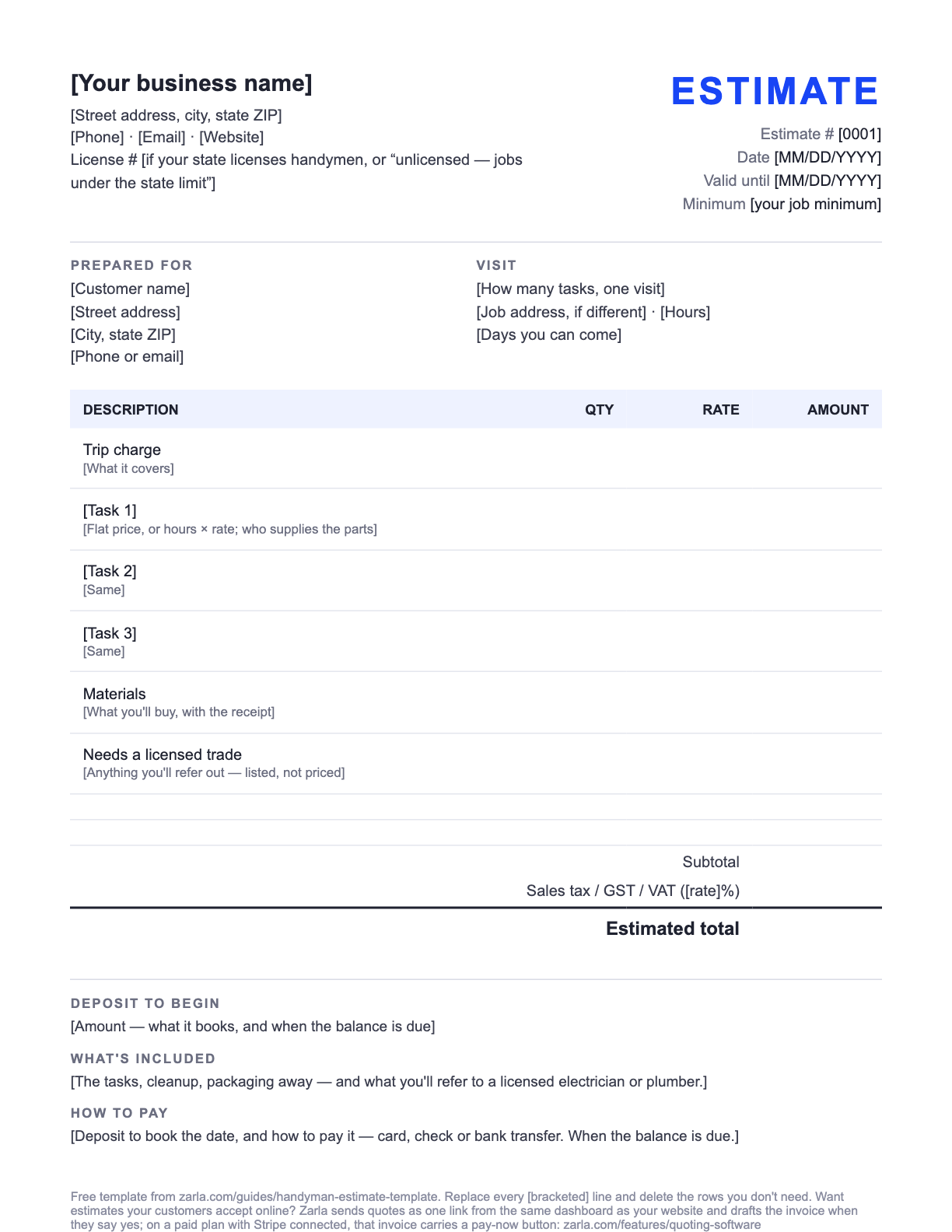 Free Handyman Estimate Template — the blank fill-in estimate as it downloads, with [bracketed] lines to replace